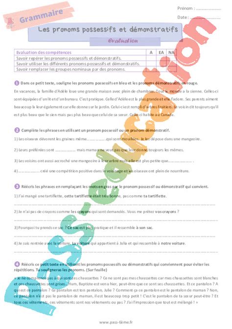 Les pronoms démonstratifs et possessifs Evaluation de grammaire pour