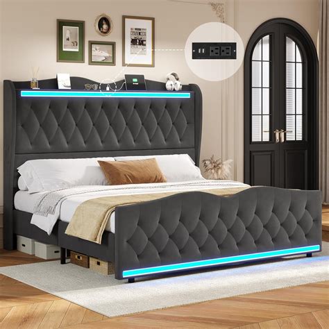 King Bed Frame with LED, USB Port, Storage, Dark Grey Velvet Upholstery, Wood Slats - Walmart.com