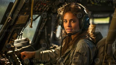 Female military helicopter pilot in the cockpit - generative AI ...