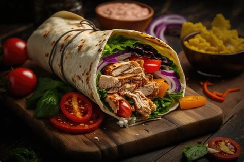 Tasty Chicken Shawarma Wrap Filled With Veggies And Pickles Stock