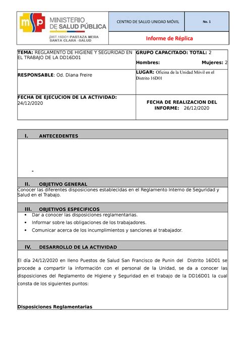 Copia De Informe Higiene Y Seguridad En El Trabajo Informe De R Plica