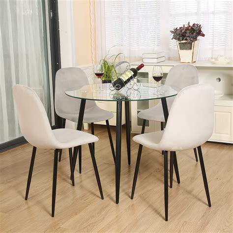 Modern Dining Table Set For Round Glass Dining Table And Velvet Kitchen