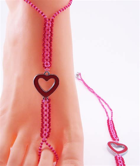 Barefoot Sandals, Foot Jewelry, Enamel Heart, Sweetheart Pink and Red Bead Weave - Etsy