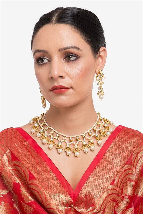 Gold Finish Kundan Polki And Pearl Necklace Set By Ruby Raang At Pernias