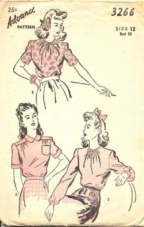 Vintage S Womens Blouse Pattern Advance Sewing Pattern Size