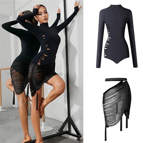 Novo Preto Mangas Compridas Superior Borlas Saia Para As Mulheres Trajes De Dan A Latina Pr Tica