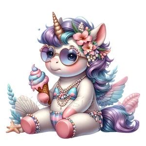 Unicorn In Bikini Eating Ice Cream Digital Clipart Png Adorable Summer Themed Unicorn With