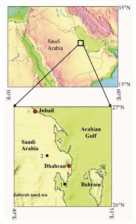 A map of Saudi Arabia showing the Jafurah sand sea and locations 1 and ...