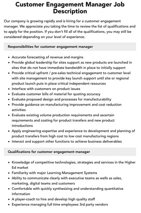 Customer Engagement Manager Job Description Velvet Jobs