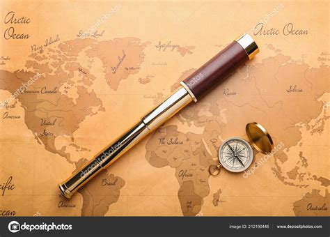 Spyglass Compass Vintage World Map Travel Planning Concept Stock Photo