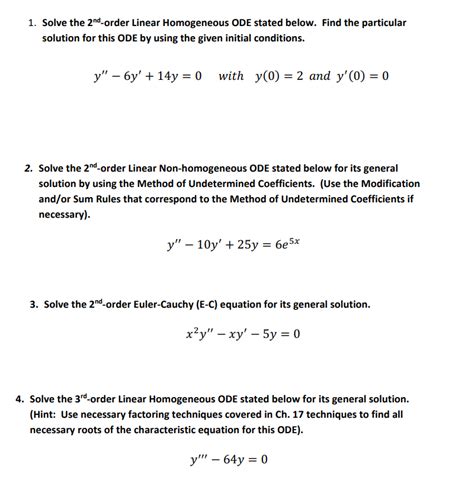 Solved 1 Solve The 2nd Order Linear Homogeneous ODE Stated Chegg