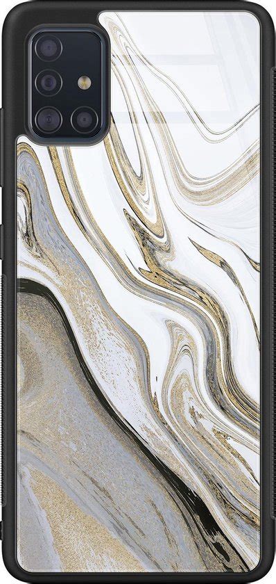 Samsung Galaxy A51 Glazen Hardcase Marmer Wit Goud Marmer Grijs