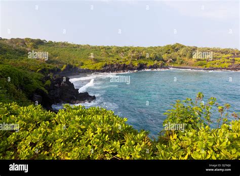 East Maui Black Sand Beach In The Waianapanapa State Park Hawaii Stock