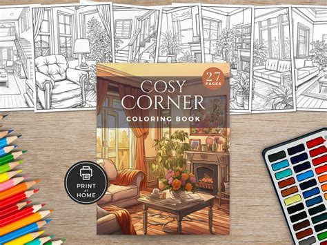 Home Interior Coloring Pages, Printable Book, Relaxing Illustration ...