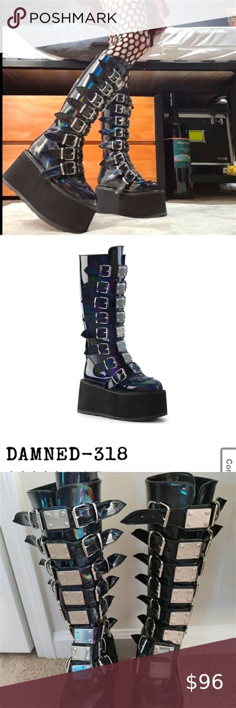 Demonia Holographic Platform Boots Knee Damned 318 Boots Knee Platform Boots Boots