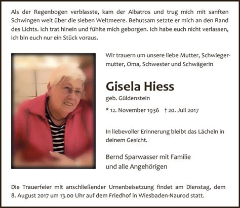 Traueranzeigen Von Gisela Hiess Vrm Trauer De