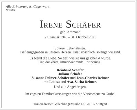 Traueranzeigen von Irene Schäfer stuttgart gedenkt de