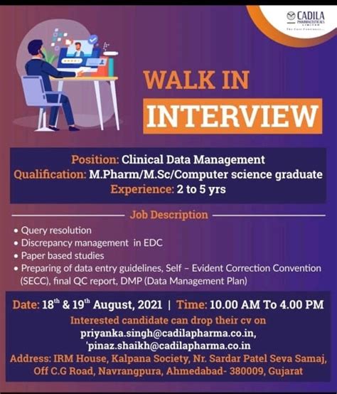 Cadila Pharmaceuticals Ltd Walk In Interview For Clinical Data Management