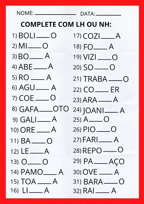 Ortografia Lh E Nh Worksheet Artofit