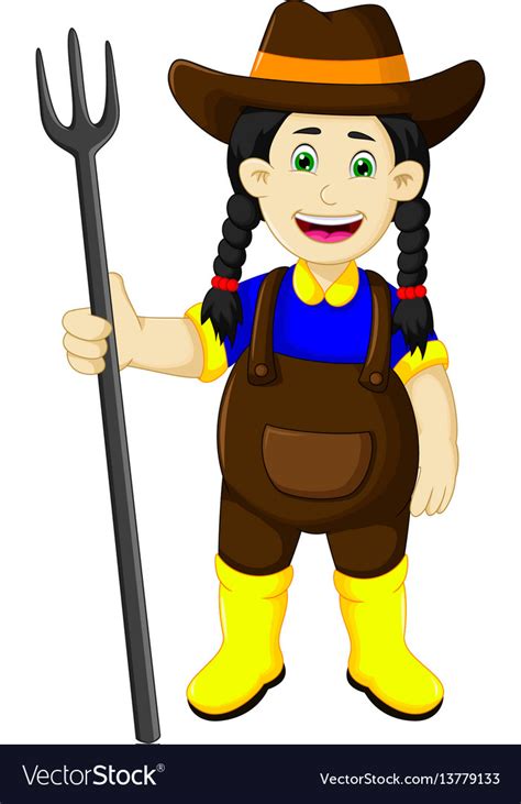 Funny Female Farmer Cartoon Holding Rake Vector Image