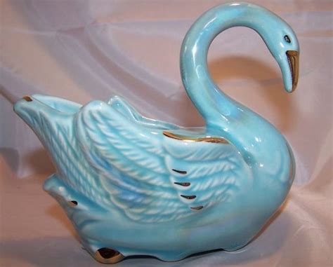 Gorgeous Blue Swan Ceramic Planter W Gold Highlights