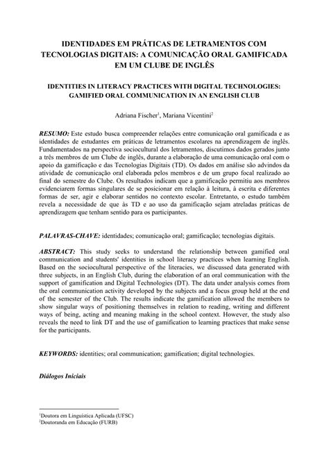 Pdf Identidades Em PrÁticas De Letramentos Com Tecnologias Digitais ComunicaÇÃo Oral