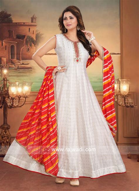 White Anarkali Suit With Orange Dupatta