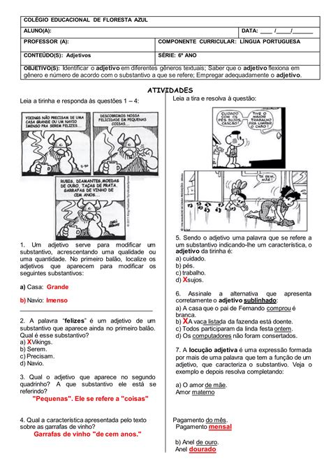 Exercícios Sobre Substantivos E Adjetivos Com Gabarito 6 Ano