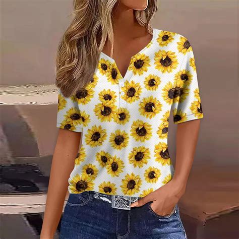 Sksloeg Spring Tops For Women 2024 Short Sleeve Henley Button V Neck Tunic Tops Sunflower Print