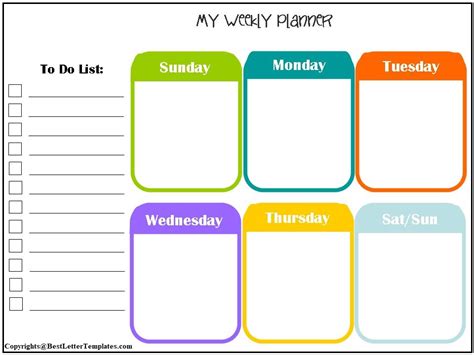 Blank Printable Weekly Planner For Kids Template Pdf