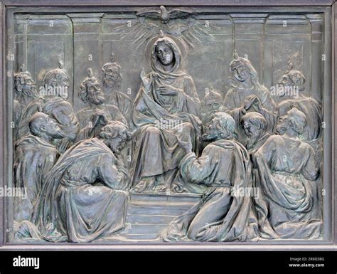 NAPLES ITALY APRIL 22 2023 The Bronze Relief Of Pentecost On The