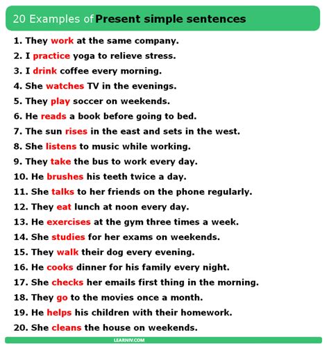 Here are 20 examples of sentences in Simple Present Tense