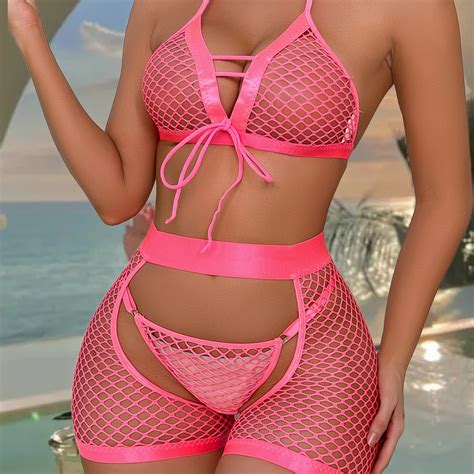 Pcs Fishnet Lingerie Set See Through Wireless Bra Thongs With