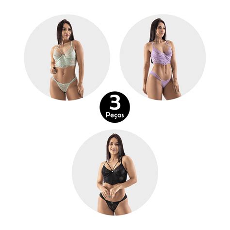 Kit 3 Conjunto imi Lingerie Sutiã Sem Bojo Aro Cropped Calcinha