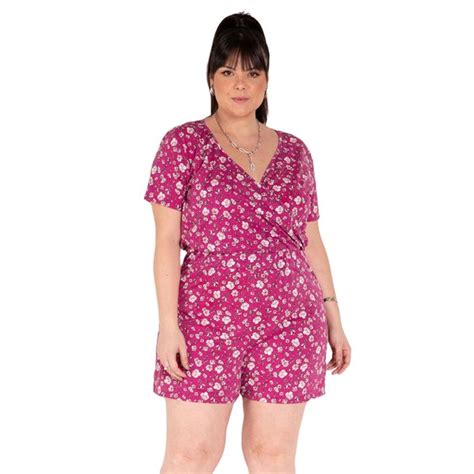 Macaquinho Floral Pink Transpassado Plus Size Shopee Brasil