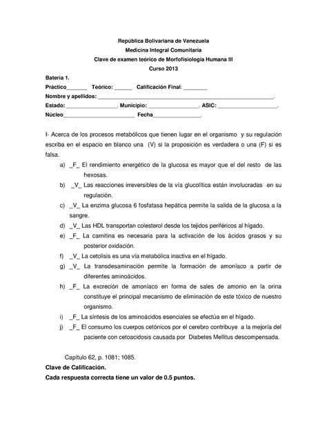 Clave De Examen Mfh Iii Rep Blica Bolivariana De Venezuela Medicina