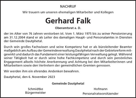 Traueranzeigen Von Gerhard Falk Vrm Trauer De