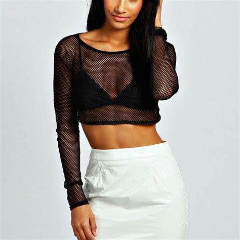 Sexy Womens Black Crop Mesh Sheer Tops T Shirt Bodycon Night Club Party