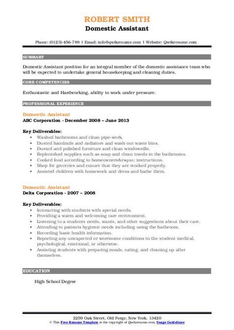 Domestic Assistant Resume Samples Qwikresume