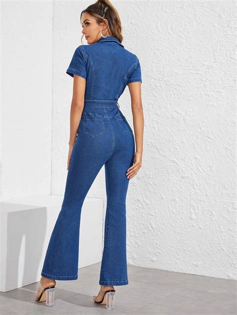 Shein Zip Front Belted Flare Leg Denim Jumpsuit Summer Fashion