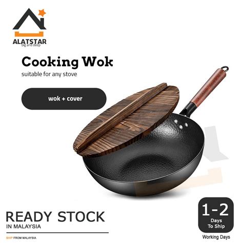 Alatstar Pre Seasoned Traditional Non Coated Carbon Steel Pow Wok With