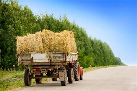 Transporte De Heno Campo Tractor Con Remolque Carretera Rural