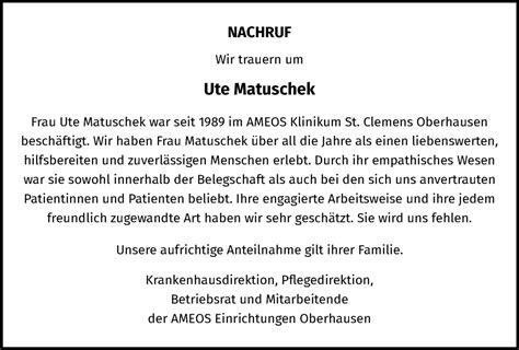 Traueranzeigen Von Ute Matuschek Trauer In NRW De