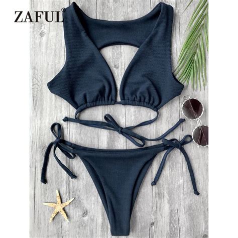 Zaful New Bikini Textured Plunge Bikini Top And Bottoms Women Swimwear