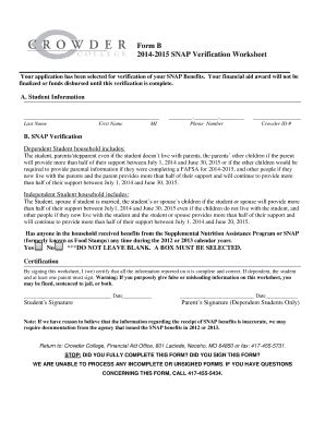 Fillable Online Crowder Form B Snap Verification Worksheet