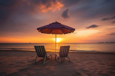 Premium Photo | Two beach chairs under an umbrella on a beach at sunset