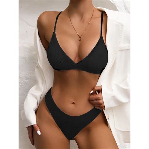 Sexy Zwyk Y Rib Bikini Stroje K Pielowe Kobiety Kostium K Pielowy Damski Stringi Zestaw