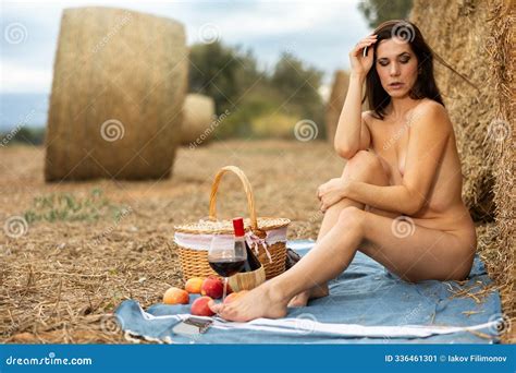Nude Woman Sitting During Picnic In Field Stock Image Image Of European Female 336461301
