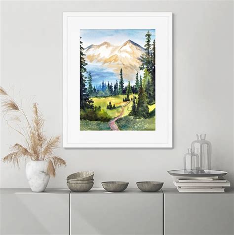 Pine Forest Painting Mountains Art Print Watercolor Landscape - Etsy