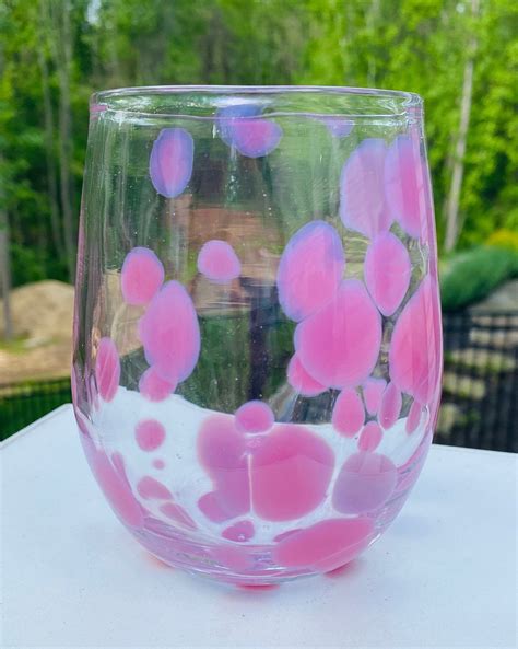 Hand Blown Glass Pink Polka Dot Stemless Wine Glass Etsy